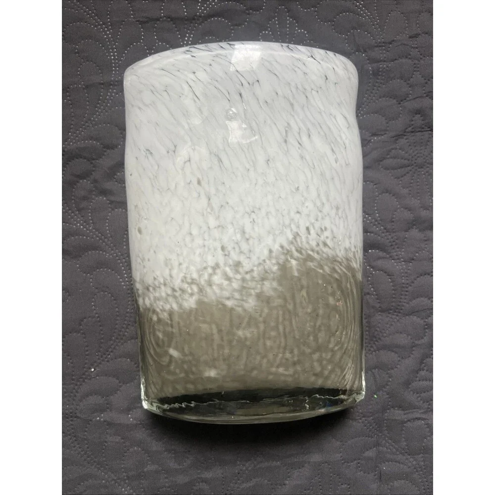 3pc Hand Blown Art Glass Vase Bottle Swirl White & Gray Mottled Set Heavy Decor